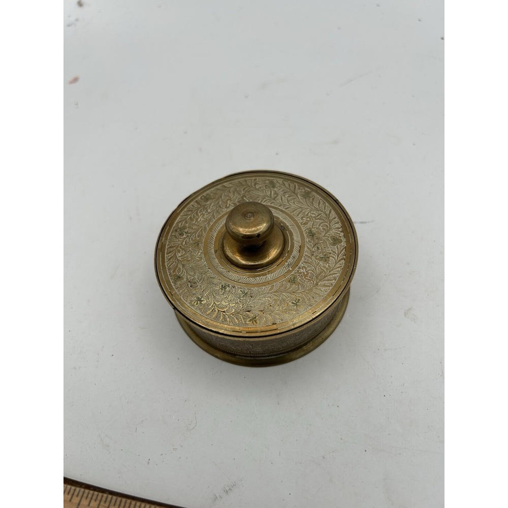 Vintage Brass Round Trinket / Jewelry Box Lidded Floral Carving